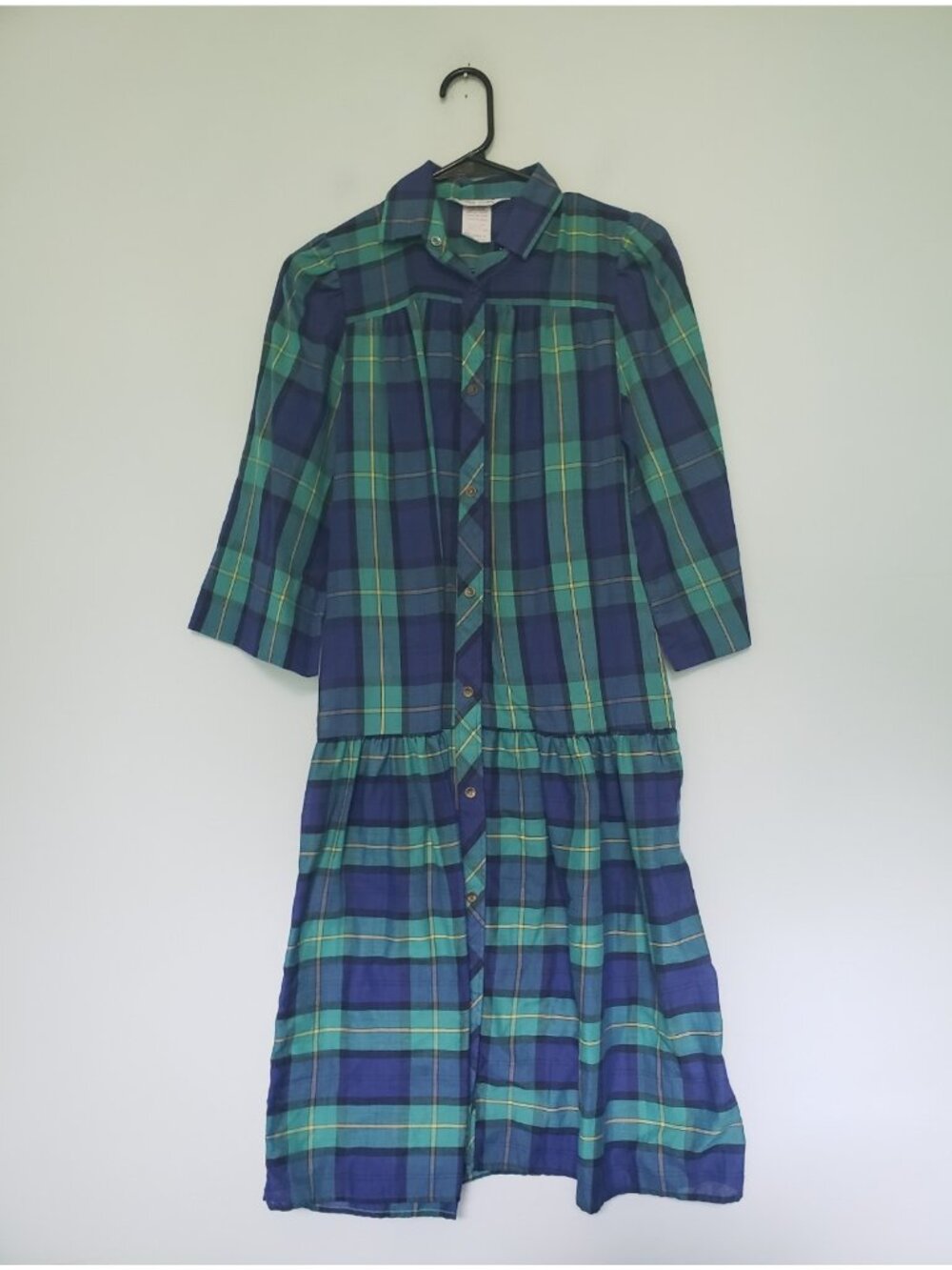VTG Models Coat Womens 6 Housecoat Dress Green Plaid Drop Waist Snap Front Mumu